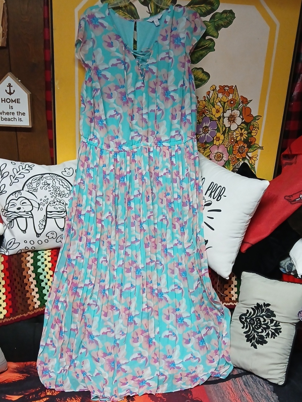 Ashley Nell Tipton Aqua and Pink Floral Dress Plus Size